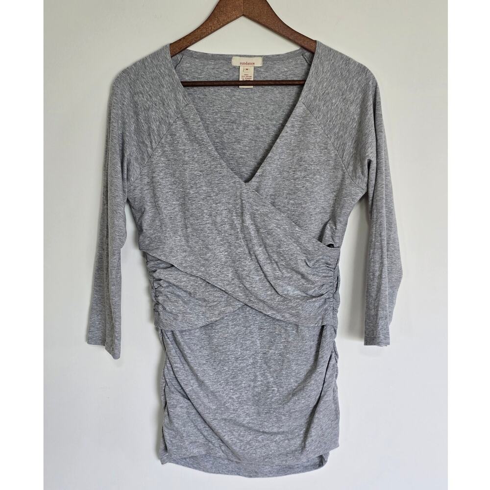 Sundance Vanessa Gray Faux Wrap Ruched 3/4 Sleeve Top Size M
